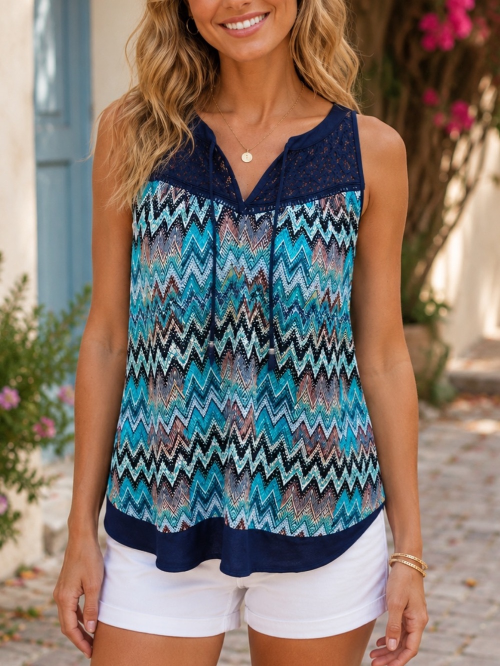 DANIEL RAINN Navy Sleeveless Lace Crocheted Halter Blouse W/ Tassels Sizeâ S